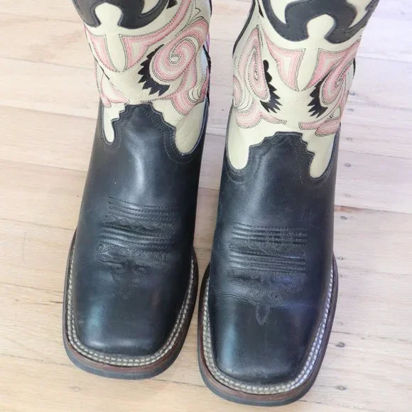 *SOLD* Tony Lama Women's Tall Buckaroo Cowboy Boots - Cream | Black | Pink - Picture 4 of 5